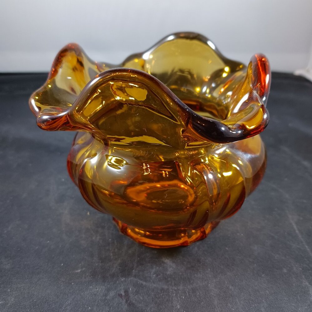Fenton 1960's Art Glass Ruffled Rose Bowl Vase in Colonial Amber